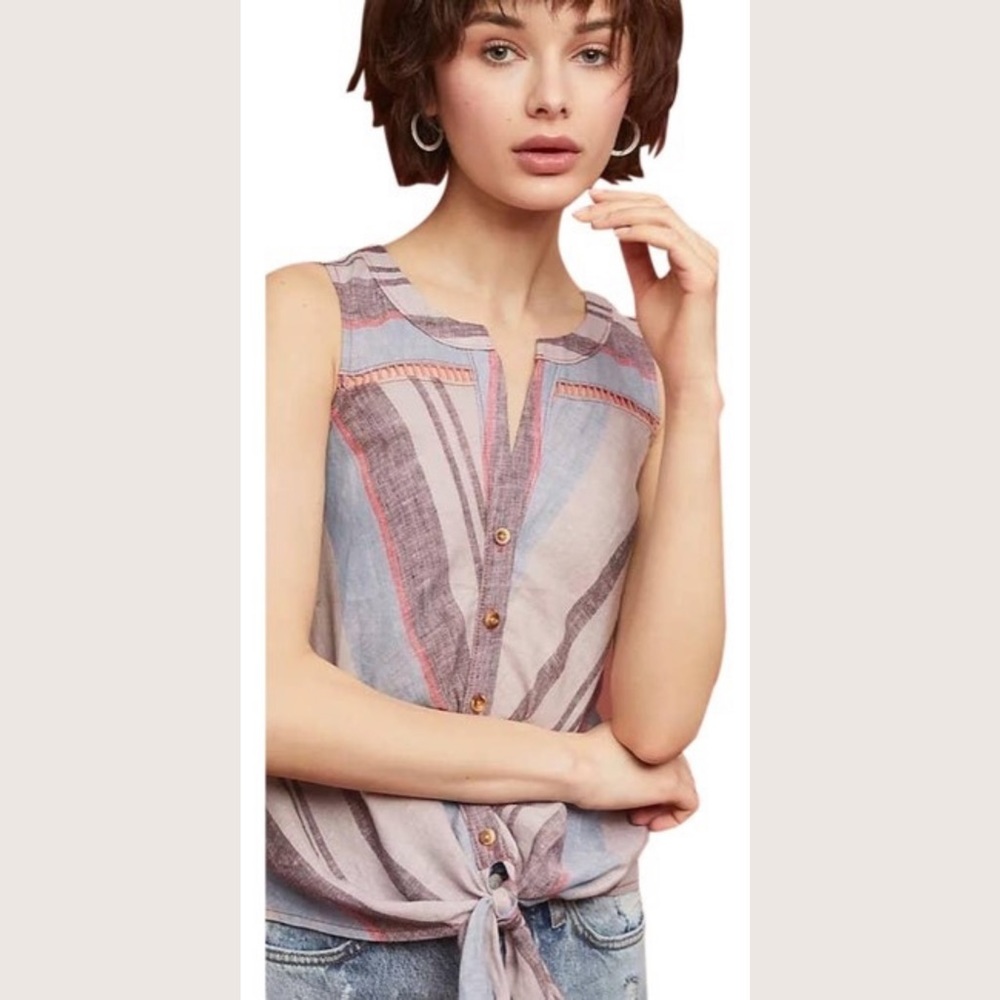 Anthropologie Maeve Linen Stripe Front Tie Sleeveless Button Down Boho